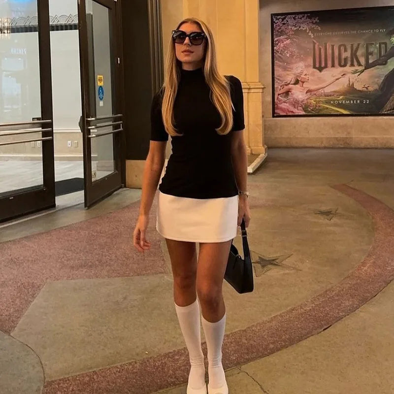 Sexy Half High Collar Half Sleeve Patchwork Mini Dress Women Slim Elegant High Waist Dress Streetwear Female Clothes