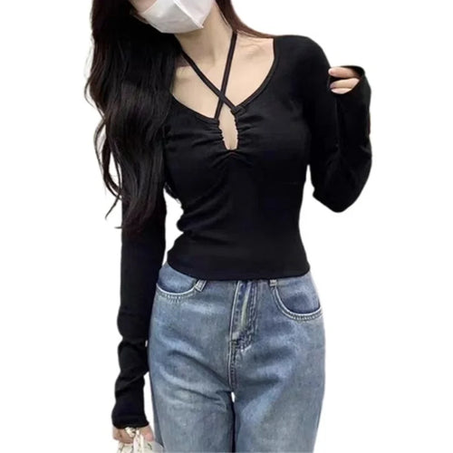 Load image into Gallery viewer, y2k Tops Women Aesthetic Clothing Solid Color V Neck Long Sleeve Cropped T Shirts 2000s Coquette Clothes Streetwear
