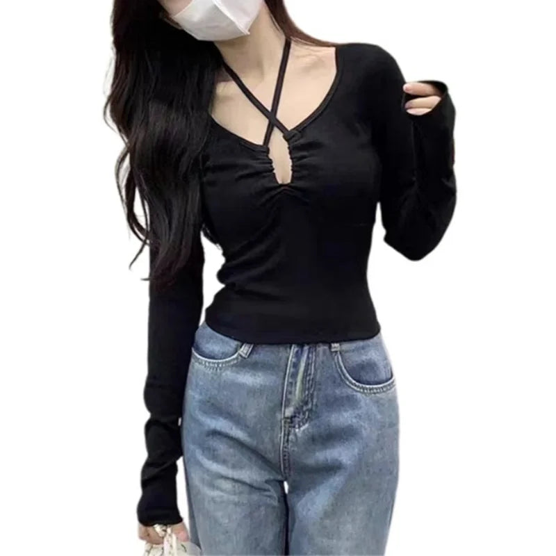 y2k Tops Women Aesthetic Clothing Solid Color V Neck Long Sleeve Cropped T Shirts 2000s Coquette Clothes Streetwear