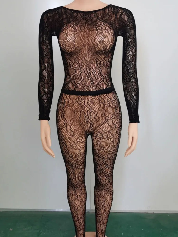 Sexy Hollow Out Mesh Jumpsuit Women's Set See Through Long Sleeved Long Pants Two-piece Set 2025 Spring New Clothing