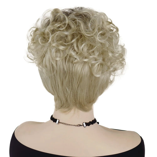 Load image into Gallery viewer, Synthetic Hair Blonde Curly Wig with Bangs Short Haircuts Wig Pixie Cuts with Dark Roots Blond Wigs for Women Mother Gifts Daily
