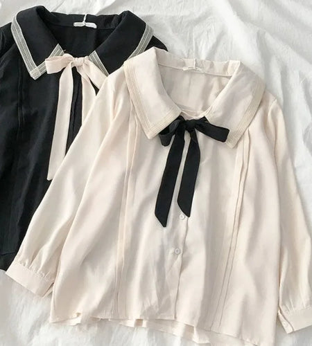 Spring School Student Kawaii Oversized Shirts Women Japanese Harajuku Chiffon Solid Soft Girls Sweet Loose Blouse Top