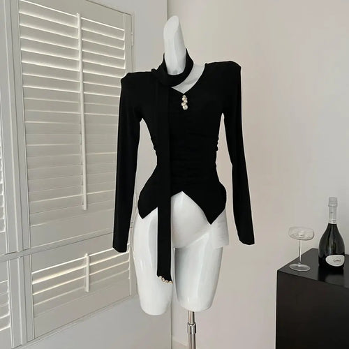 Load image into Gallery viewer, Women Black Beige Festival Pleated T-shirt Casual Grey V Neck Long Sleeve Top Ladies Versatile Clothing Spring Autumn 2025 Trend
