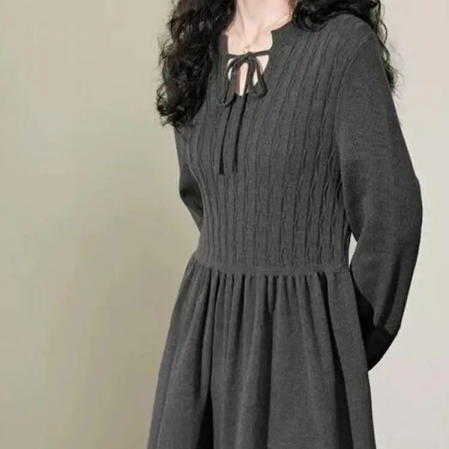 Load image into Gallery viewer, French Women's Autumn Winter Grey Long Sleeved Knitted Midi Dress V-neck Lace-up High Waist Slim Festival Pleated Dress Fashion

