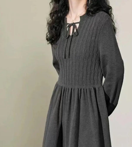French Vintage Fashion Women Grey Festival Long Sleeved Lace-up Midi Dress Spring High Waist Pleated Knitted Dress Popular Trend