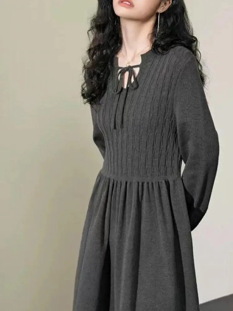 French Vintage Fashion Women Grey Festival Long Sleeved Lace-up Midi Dress Spring High Waist Pleated Knitted Dress Popular Trend