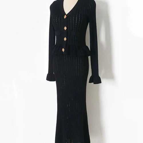 Load image into Gallery viewer, French Autumn 2024 New Women Black White Blue Single Breasted Knitted Dress Elegant Slim Office V-neck Ruffles Long Sleeve Dress
