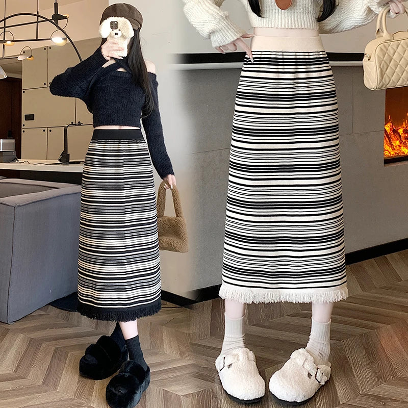 Vintage Women Black Beige Striped Tassel Elegant High Waist Party Long Skirt 2024 Autumn Winter Straight Wrap Hip Knitted Skirts