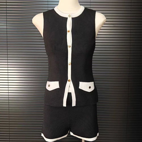 Load image into Gallery viewer, Hit Color Two Piece Set For Women O Neck Sleeveless Top High Waist Slimming Shorts Sets Female Fashion Style New
