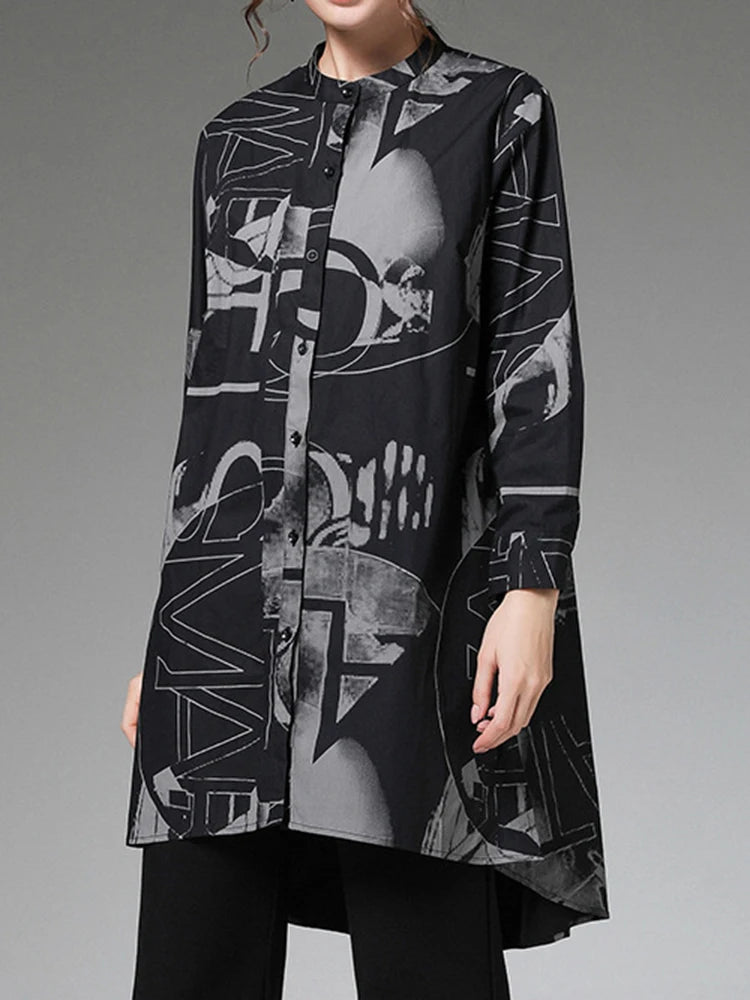 Women Red Pattern Printed Big Size Blouse New Stand Collar Long Sleeve Shirt Fashion Tide Spring Autumn 2025 1DJ1507