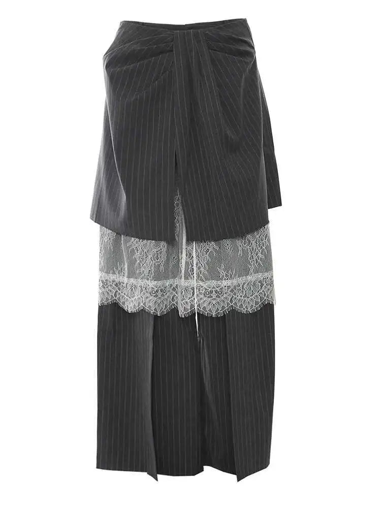 High Waist Gray Lace Striped Long Wide Leg Elegant Pants New Trousers Women Fashion Tide Spring Autumn 2025 1DH7476