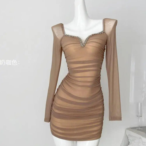 Load image into Gallery viewer, Autumn Vintage Fashion Black Mesh Square Neck Elegant Pleated Short Dress Women Brown Diamonds Long Sleeves Festival Party Dress
