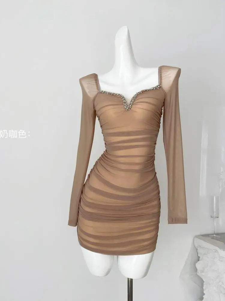 Autumn Vintage Fashion Black Mesh Square Neck Elegant Pleated Short Dress Women Brown Diamonds Long Sleeves Festival Party Dress