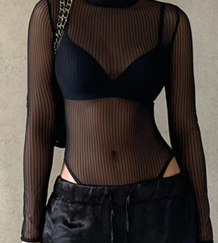 Fashion Skinny Black Stripe Naked Sexy Bodysuit Long Sleeve Summer Women's Bodies See-Through Party One Piece Outfits
