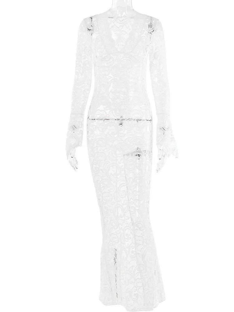 Sexy Lace Printed Long Sleeved Dress Women Perspective Bodycon Evening Dress Female Slim  Party  Night Clubwear 2024