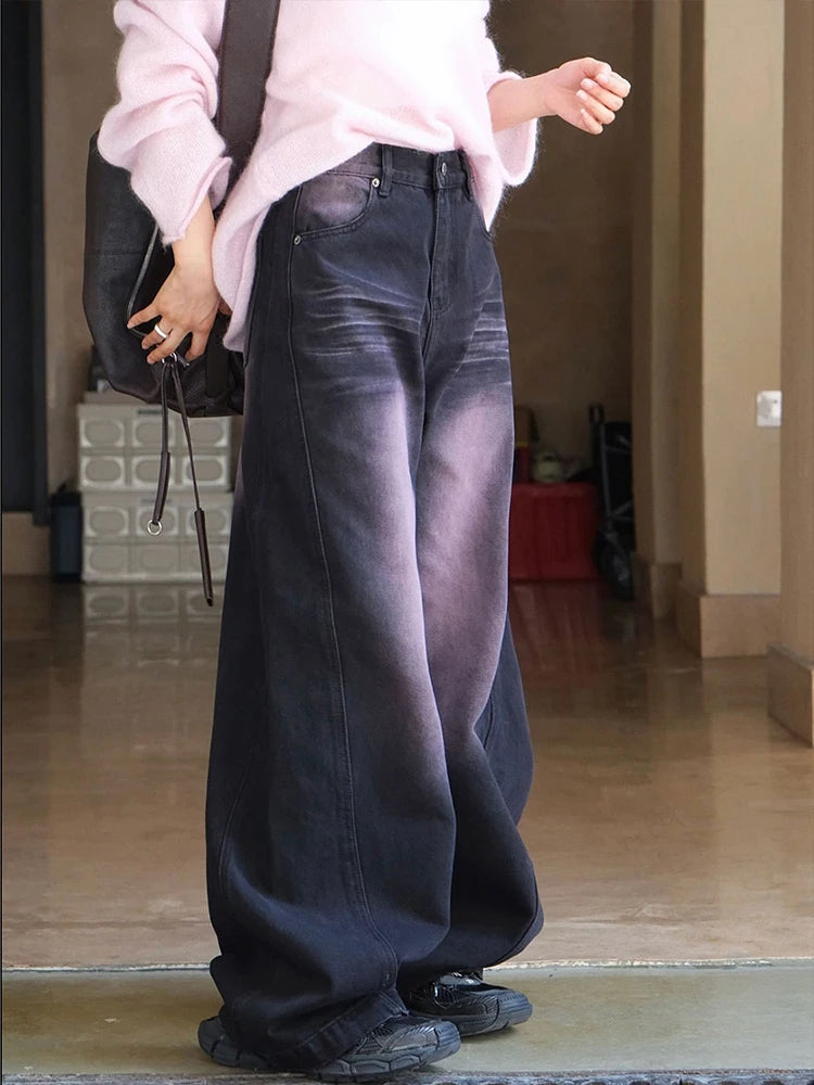 Casual Style Denim Pants For Women Color Block High Waist Straight Long Denim Pants Female