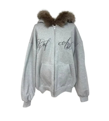 Furry Hooded Sweatshirts Coat Women Clothing Streetwear Fashion Y2k Tops 2024 Ropa Mujer Letter Casual Thicked Zipper Jackets