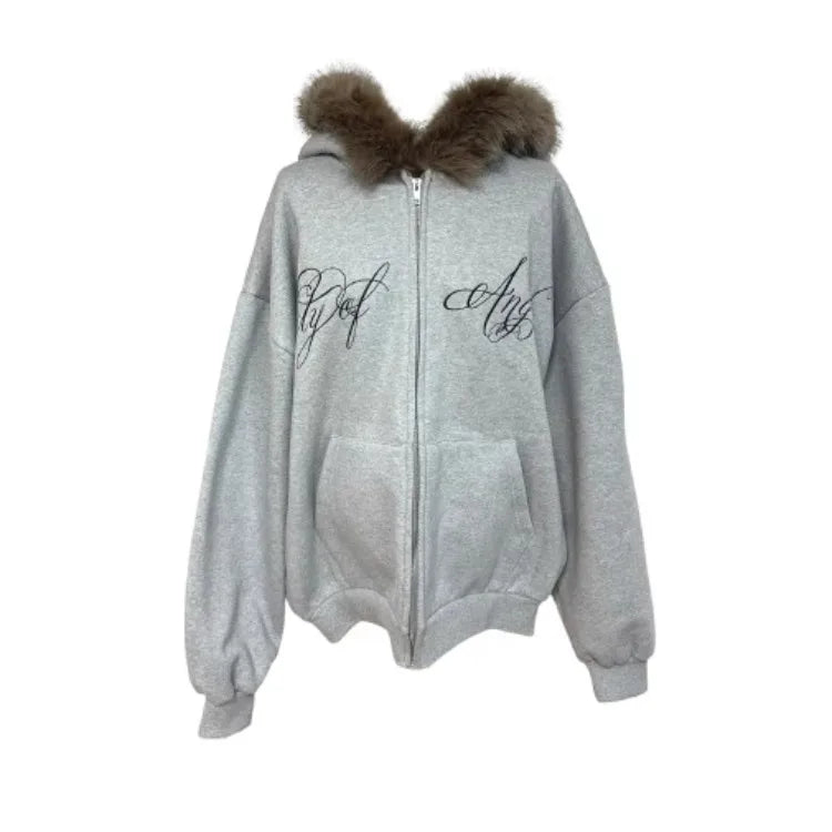 Furry Hooded Sweatshirts Coat Women Clothing Streetwear Fashion Y2k Tops 2024 Ropa Mujer Letter Casual Thicked Zipper Jackets