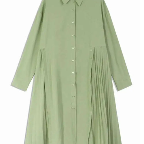 Load image into Gallery viewer, Women Green Hem Irregular Pleated Big Size Shirt Dress New Lapel Long Sleeve Fashion Tide Spring Autumn 2025 1DH6769
