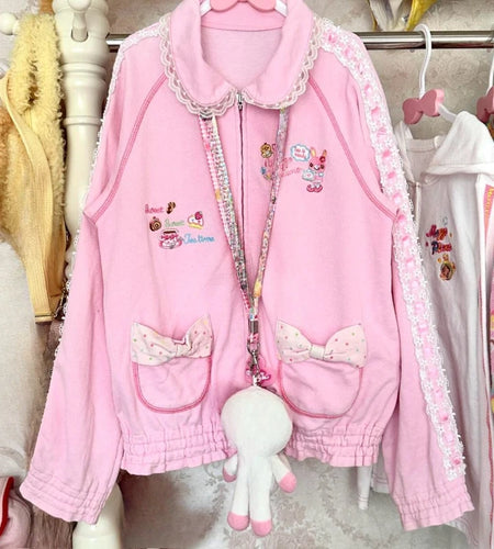 2025 Japanese Kawaii Cartoon Embroidery Coat Women Lace Patchwork Cute Pocket Bow Jacket Y2k Aesthetic Girls Sweet Loose Outwear