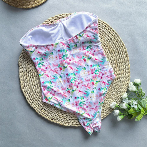 Load image into Gallery viewer, Off Shoulder Bandeau One Piece Swimsuit 2024 Swimwear for Women Sexy Flower Print Bathing Suit Floral Monokini
