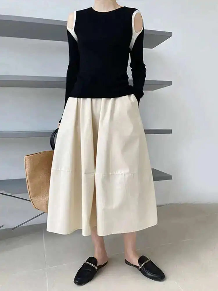 High Elastic Waist Gray Brown Casual A-LINE Midi Half-body Skirt Women Fashion Tide New Spring Autumn 2025 1DE2807
