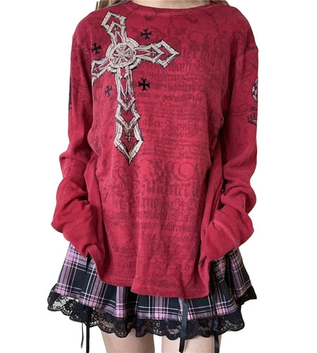 Fairy Grunge y2k Top Women Gothic Graphic Print Round Neck Long Sleeve T Shirt Emo Clothes 2000s Clothing Streetwear