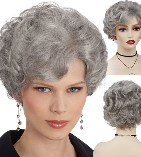 Old Lady Synthetic Granny Wigs for Women Silver Gray Wig with Bangs Natural Hairstyle Curly Short Haircuts for Mother Mommy Wigs