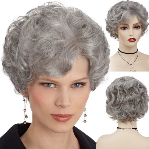 Load image into Gallery viewer, Old Lady Synthetic Granny Wigs for Women Silver Gray Wig with Bangs Natural Hairstyle Curly Short Haircuts for Mother Mommy Wigs
