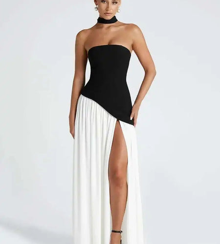 Strapless Off-shoulder Sexy Maxi Dress For Women Gown Patchwork Scarf Collar Thigh High Split Club Party Long Dress