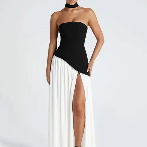 Load image into Gallery viewer, Strapless Off-shoulder Sexy Maxi Dress For Women Gown Patchwork Scarf Collar Thigh High Split Club Party Long Dress
