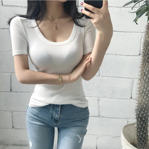 Load image into Gallery viewer, Summer Korea Fashion Women's Clothing Solid  Round Neck Short Sleeve T-shirt Women Street Versatile Crop Knit Top Simplicity New
