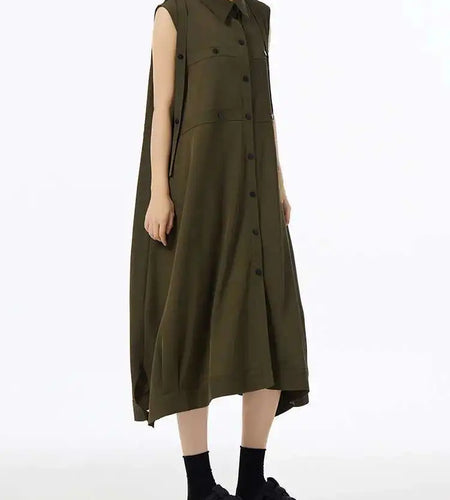 Women Army Green Button Big Size Midi Casual Shirt Dress New Lapel Sleeveless Fashion Tide Spring Summer 2025  1DH6614