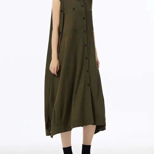 Load image into Gallery viewer, Women Army Green Button Big Size Midi Casual Shirt Dress New Lapel Sleeveless Fashion Tide Spring Summer 2025  1DH6614
