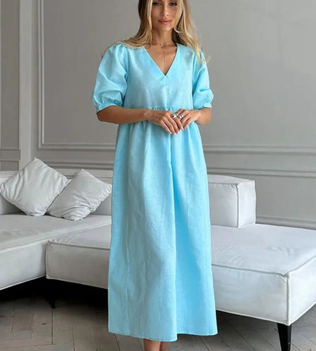Short Puff Sleeve Maxi Dress For Women Fashion Autumn New Blue V Neck Loose Basic Casual Long Dress Elegant Gown