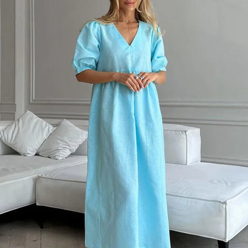 Load image into Gallery viewer, Short Puff Sleeve Maxi Dress For Women Fashion Autumn New Blue V Neck Loose Basic Casual Long Dress Elegant Gown
