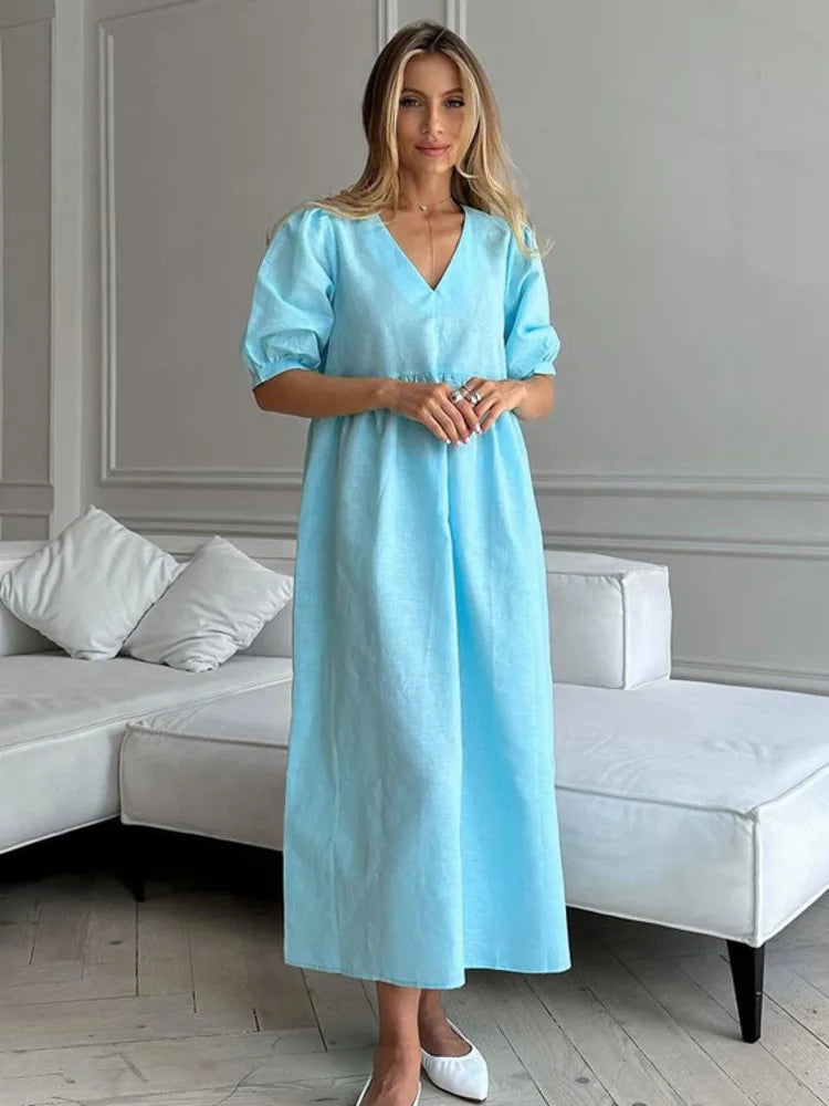 Short Puff Sleeve Maxi Dress For Women Fashion Autumn New Blue V Neck Loose Basic Casual Long Dress Elegant Gown
