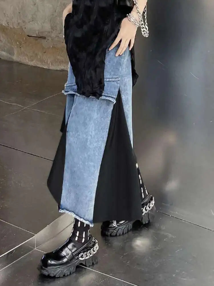 High Elastic Waist Black Denim Irregular Color-block Half-body Skirt Women Fashion Tide New Spring Autumn 2025 1DH5253