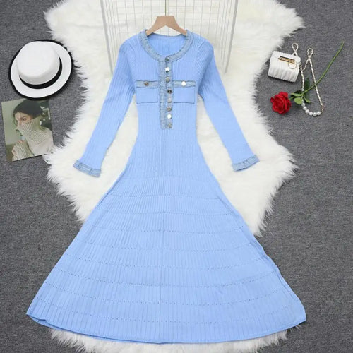 Load image into Gallery viewer, Autumn 2024 New Women's Black White Blue Patchwork Single Breasted Knitted Dress French Elegant Festival Long Sleeve Dress Trend
