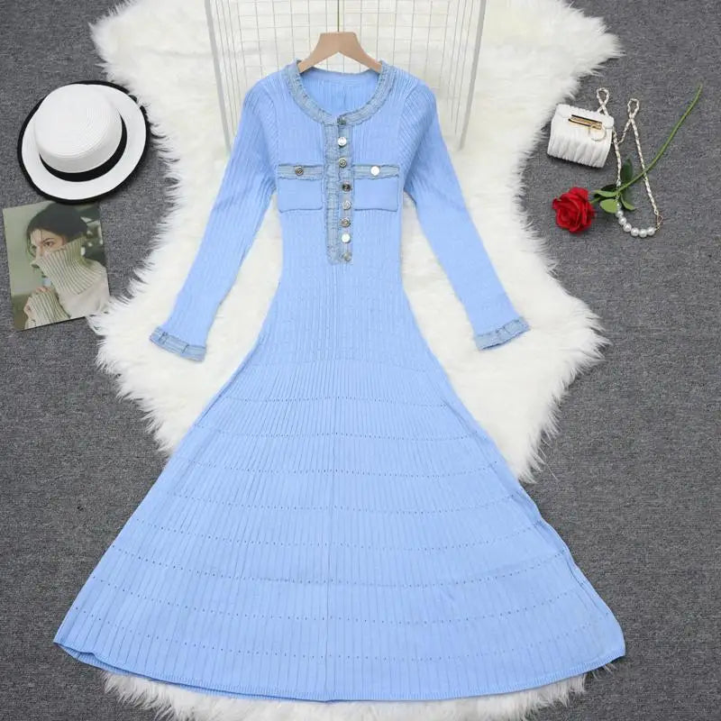 Autumn 2024 New Women's Black White Blue Patchwork Single Breasted Knitted Dress French Elegant Festival Long Sleeve Dress Trend
