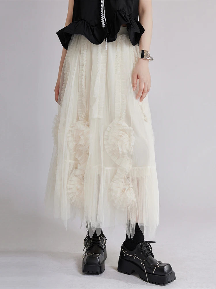 High Elastic Waist Apricot 3d Flower Mesh A-line Half-body Skirt Women Fashion Tide New Spring Autumn 2025 1DJ1515