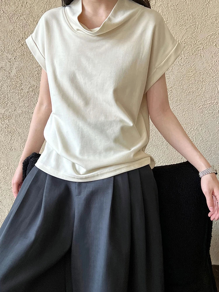 Women Yellow White Plain Color Thin Elegant T-shirt New Turtleneck Short Sleeve Fashion Tide Spring Summer 2025 1DJ0472