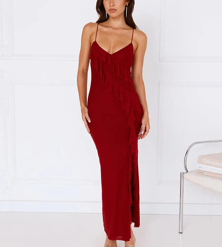 Spaghetti Strap Ruffle Sexy Maxi Dress Women Summer New Lace-up Sleeveless Backless Split Bodycon Long Dress Elegant