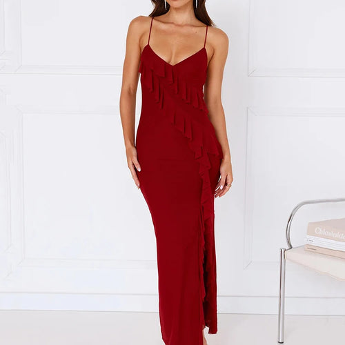 Load image into Gallery viewer, Spaghetti Strap Ruffle Sexy Maxi Dress Women Summer New Lace-up Sleeveless Backless Split Bodycon Long Dress Elegant
