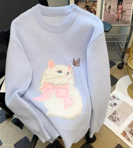 French Women's Print Cute Cat Pattern Long Sleeve Round Neck Sweater Autumn Winter Elegant Festival Knitted Thick Pullover Tops