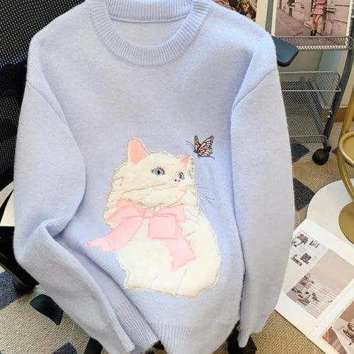 Load image into Gallery viewer, French Women's Print Cute Cat Pattern Long Sleeve Round Neck Sweater Autumn Winter Elegant Festival Knitted Thick Pullover Tops
