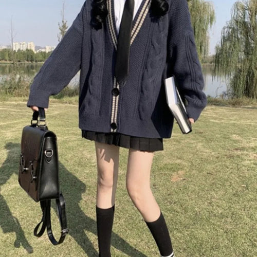 Load image into Gallery viewer, Japanese Preppy Style Cardigans Women Patchwork Fairy Single Breasted Sweaters Loose Contrast Color Knitted Coats Y2k Aesthetic
