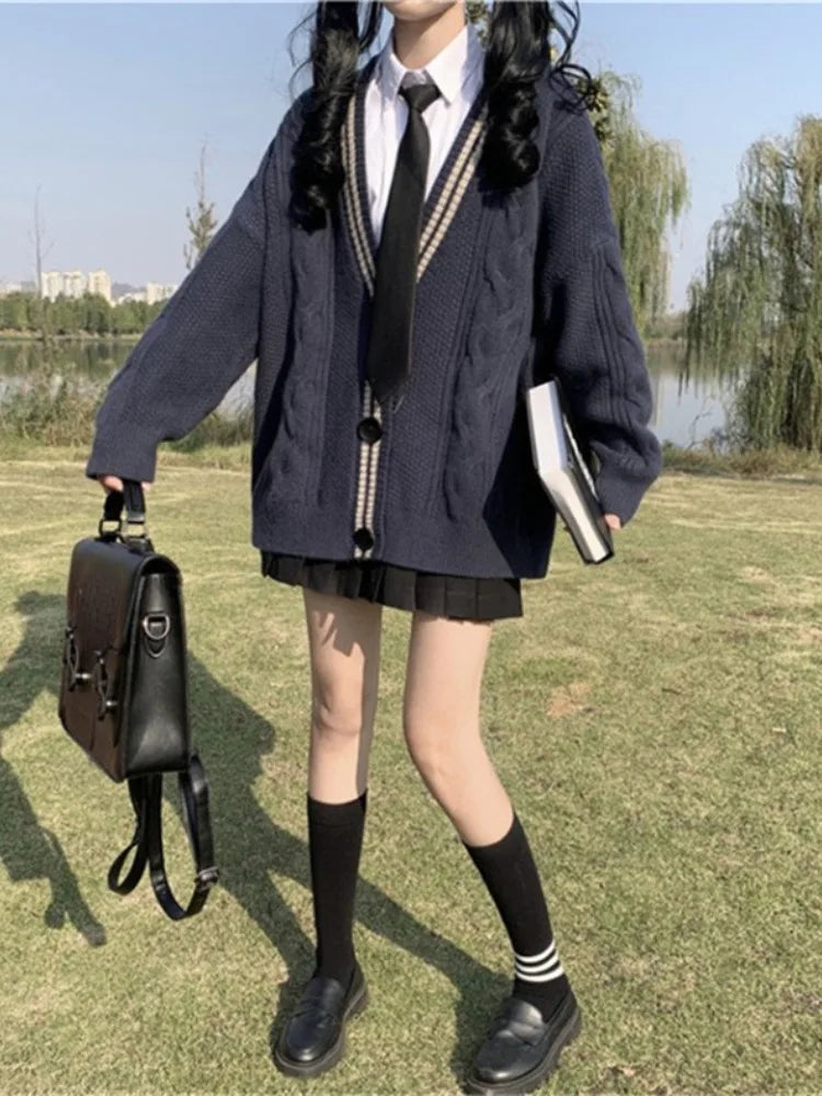 Japanese Preppy Style Cardigans Women Patchwork Fairy Single Breasted Sweaters Loose Contrast Color Knitted Coats Y2k Aesthetic