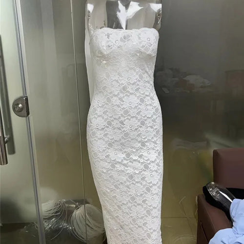 Load image into Gallery viewer, Lace See Through Sexy Midi Dress For Women Fashion Off-shoulder Strapless Sleeveless Backless Bodycon Club Party Dress
