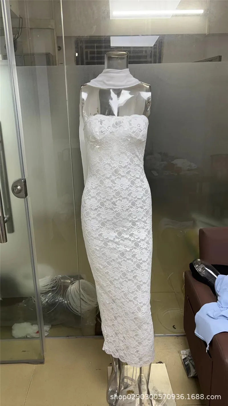 Lace See Through Sexy Midi Dress For Women Fashion Off-shoulder Strapless Sleeveless Backless Bodycon Club Party Dress